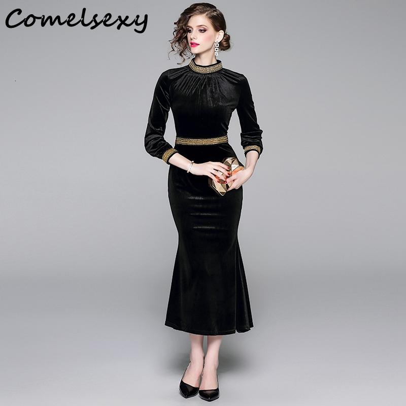 

XXL Autumn Winter Woman Dress Black Dark Green Wine Red Velvet Dress Beading Collar Cuff Waist Long Trumpet Mermaid