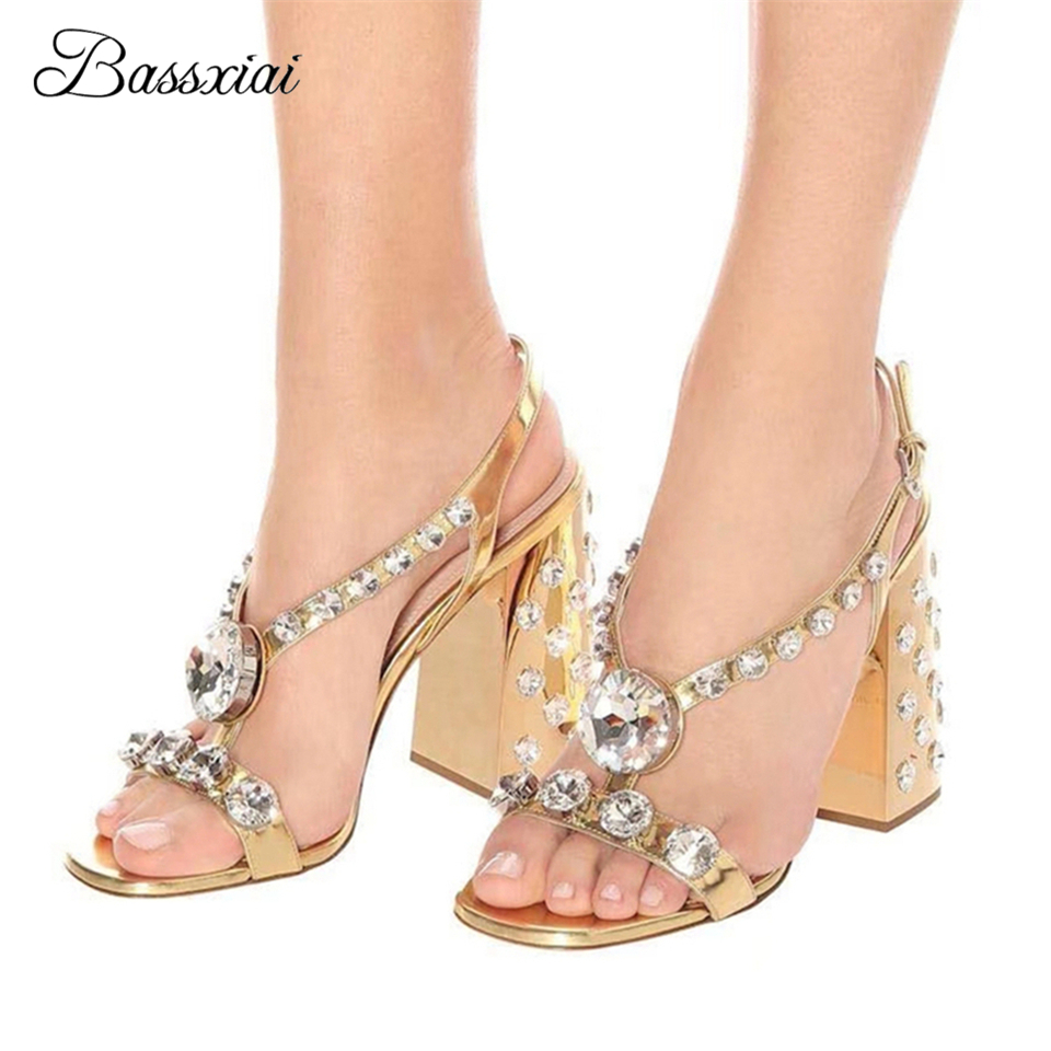 

Quality Rhinestone Banquet Shoes Woman Diamond High Heels Real Leather Ankle Strap Jeweled Crystal Summer Sandals Women J1208, Black