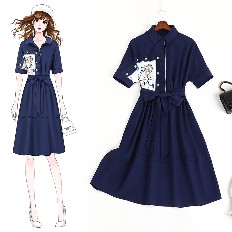 

Large Female Size Short Sew Temperament Arch Age-reducing Belly-covering Dress Fine 11049 9ey6, Navy
