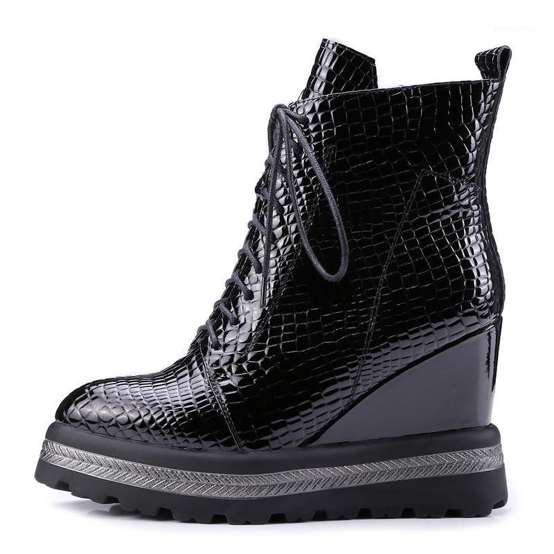 

NEW dropship Cow Leather New Fashion Ankle Boots Woman Shoes Lace Up Wedge 9cm High Heels Boot Female Shoes Woman1, Black