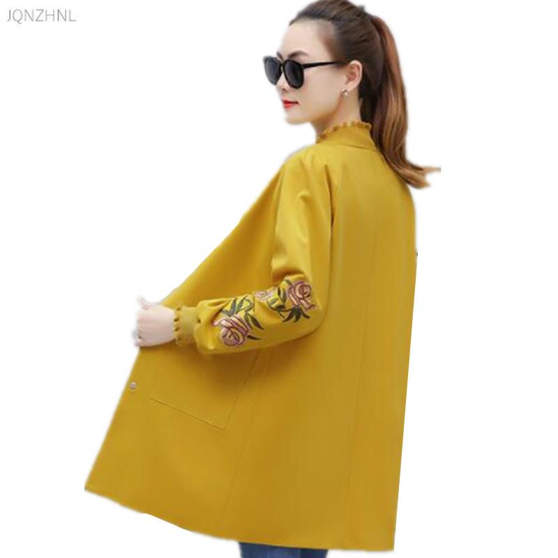 

women spring Large size coat fashion embroidery long-sleeved windbreaker jacket medium long autumn winter new women coat AS776, Black