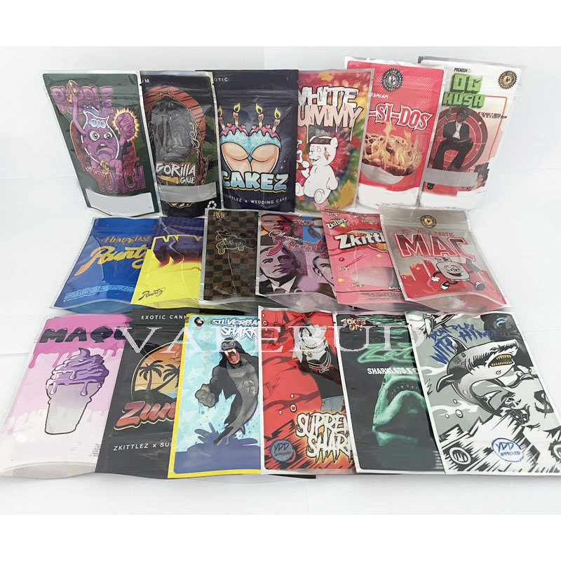 

3.5g bag white runtz og pink sharklato gorilla glue cakez smell proof bags ziplock exotic packaging custom print logo