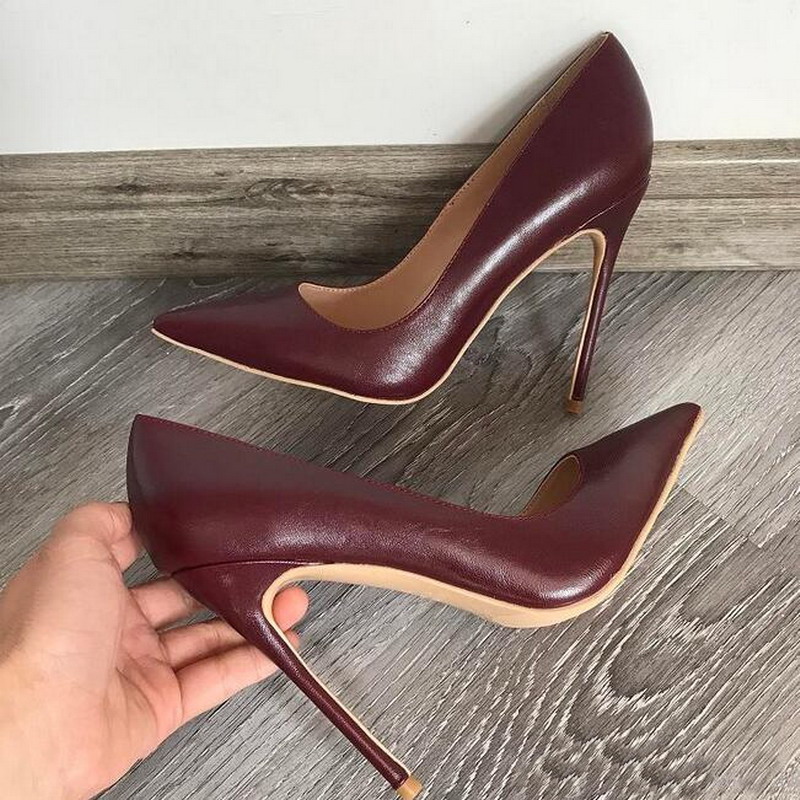 

Real photo Fashion Women Pumps Sexy lady burgundy matte Wine Red real leather point toe Sexy High Heels Shoes Pumps stilettos heeled 12 10 8, Heel 12cm