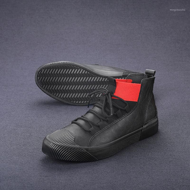 

Best Selling Pu Leather Boots Men Mid-Top Casual Boot Men Anti-Slip Young Boy Casual Shoes Different Colors Flats Shoe Brand1, Black red a2