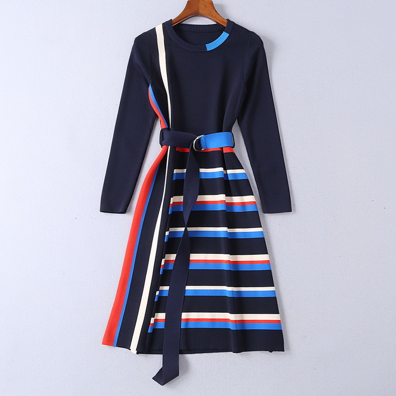 

New Office Ladies in Luxury Striped Full Sleeves Clothes on High Knee for Women 2021 Elegant Designer Lockers Dressed Fv8n, Navy blue.