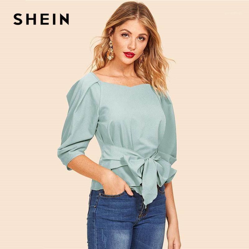 

SHEIN Turquoise Office Lady Elegant Fold Pleat Sleeve Tie Waist Solid Blouse Spring Casual Puff Sleeve Women Tops And Blouses1