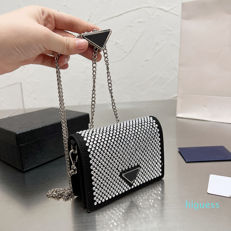 

Designer- Women Shiny Crossbody Mini Bags Rhinestone Silver Hardware Chain Adjustable Shoulder Strap Card Holder Handbags 13*8cm