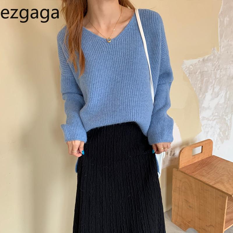 

Ezgaga V-Neck Tender Blue Sweater Women Autumn Winter 2020 New Korean Loose Casual Ladies Knitted Tops Solid Pullover Jumper, Khaki