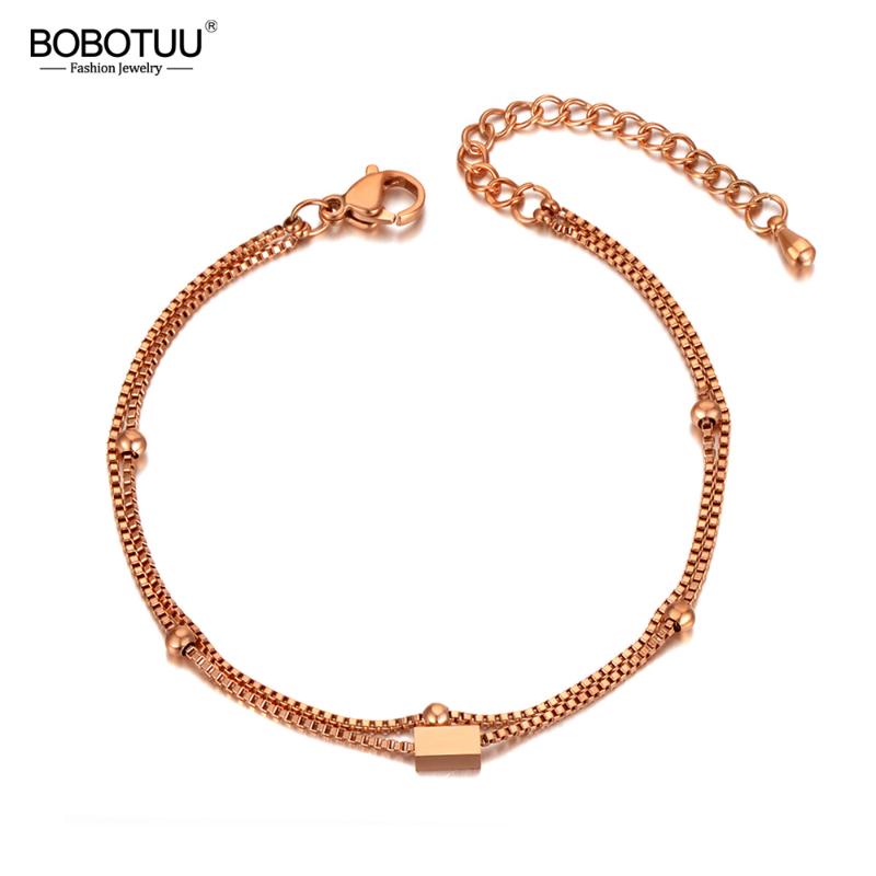 

BOBOTUU Fashion Rose Gold Double Layer Stainless Steel Geometry Charm Bracelets For Women Bohemia Chain Link Bracelet BB20035