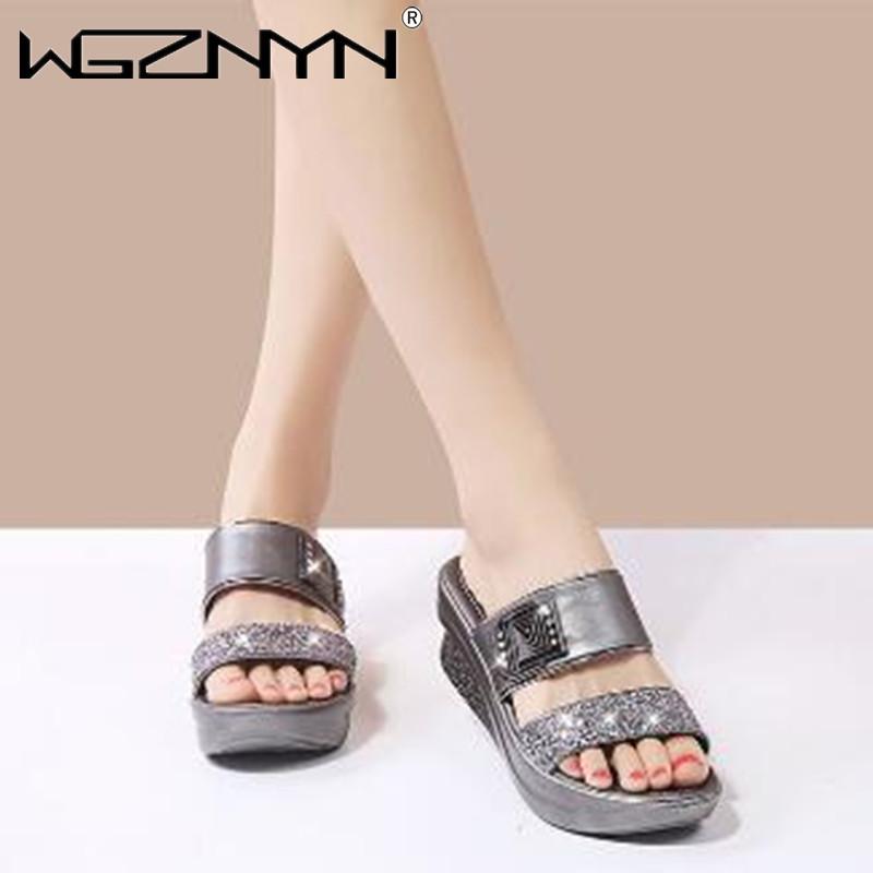 

NEW Women Glittering Slippers Summer Platform Wedge Open Toe Casual Ladies Color Mixing Slide Beach Shoes Woman Zapatos De Mujer