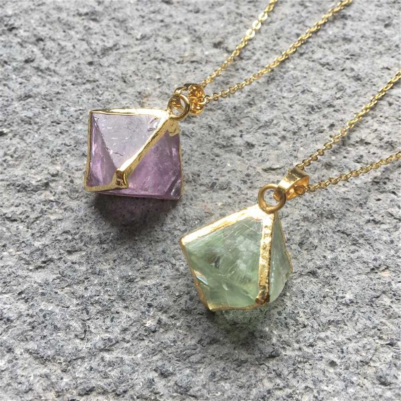 

FUWO Natural Fluorite Crystal Necklace With Gold Color Plated Brass Chain Simple Cute Pyramid Jewelry Wholesale NC260