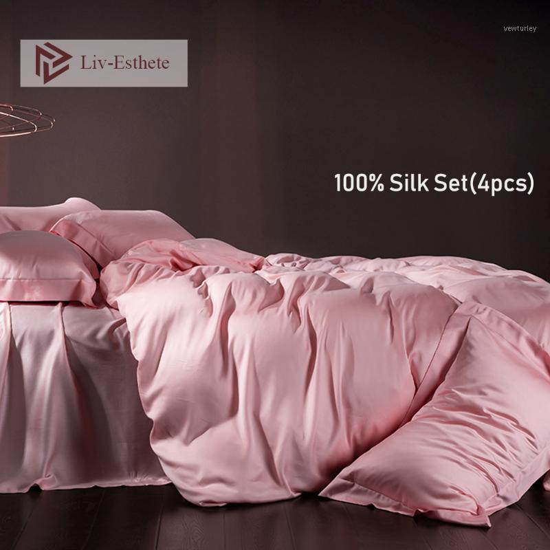 

Liv-Esthete Women 100% Silk Beauty Pink Bedding Set Silky Healthy Duvet Cover Flat Sheet Pillowcases  King Bed Linen Set1, 003