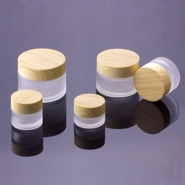 

10g 15g 20g 30g 50g Frosted Glass face Cream Jar with Plastic Wooden Imitation Lid& PP Protector Gasket Glass Body Butter Container Jar