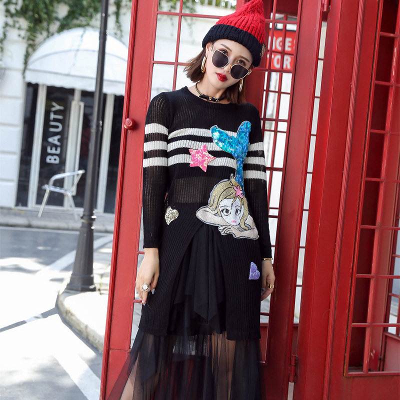 

New autumn thai street black fashion beauty ladies women's nightgown section knitting sweater long sleeve