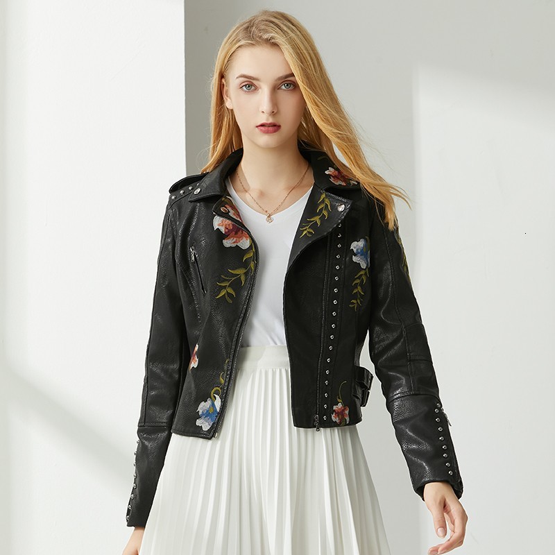 

2021 New Floral Female Print Embroidered Leather Streetwear Punk-style Plutonium Rider Turn Down Collar Black Jacket VEIZ