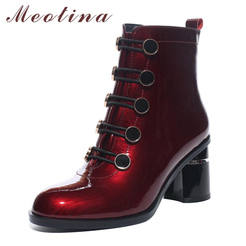 

Meotina Real Leather High Heel Ankle Boots Women Shoes Button Block Heels Zipper Lady Short Boots Autumn Winter Wine Red Size 42, Black synthetic lin