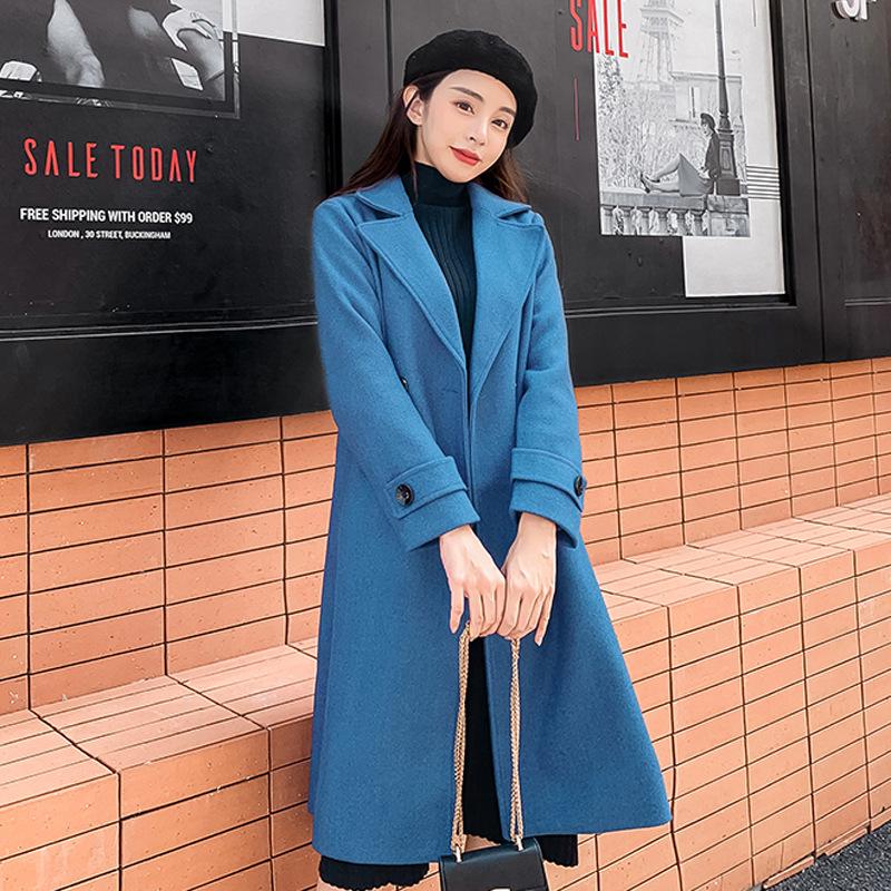 

2021 autumn and winter woolen coat women' mid-length Korean style tide haze blue double-breasted woolen coat women, Black