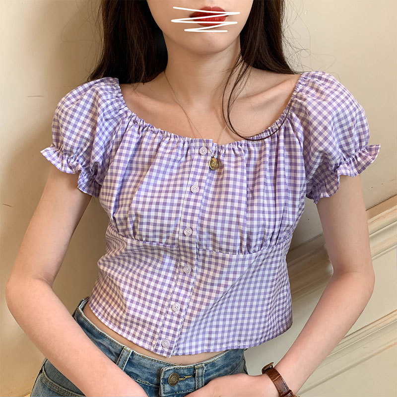 

2021 New 3 color femme womens off the topos summer Korean style short sleeve female plaid shirt chiffon blouses (x1385) NXX5, Lavender
