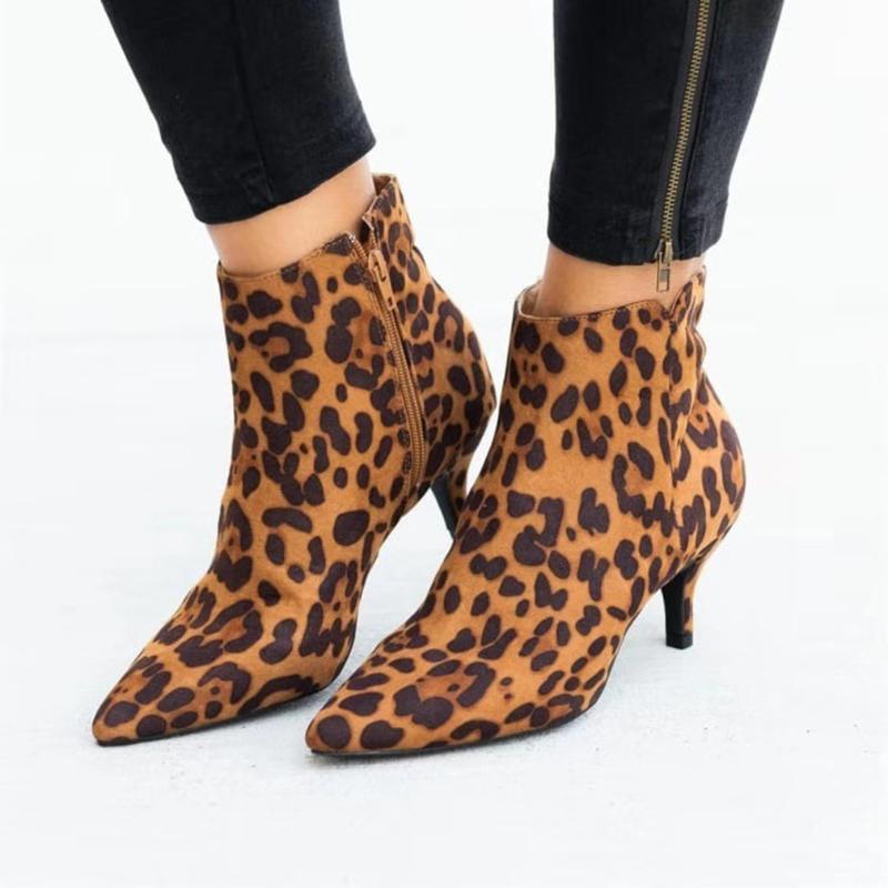 

Fashion Women Spring Boots Plus Size PU Sexy Leopard Printed Zipper Female Ankle Boots Pointed Toe Low Thin Heels, Black