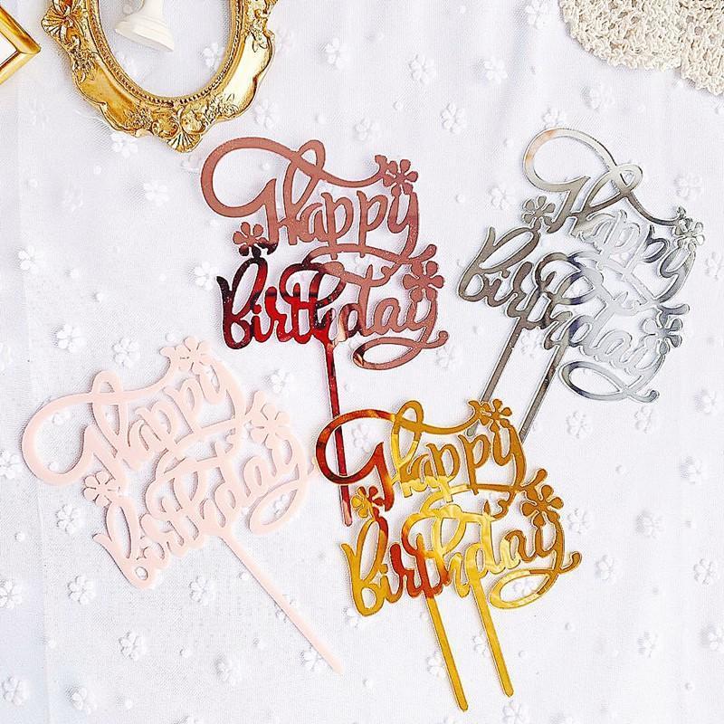

Flowers Happy Birthday Acrylic Cake Topper Gold Pink Birthday Cupcake Baking Decorations for Baby Party Cake Supplies1