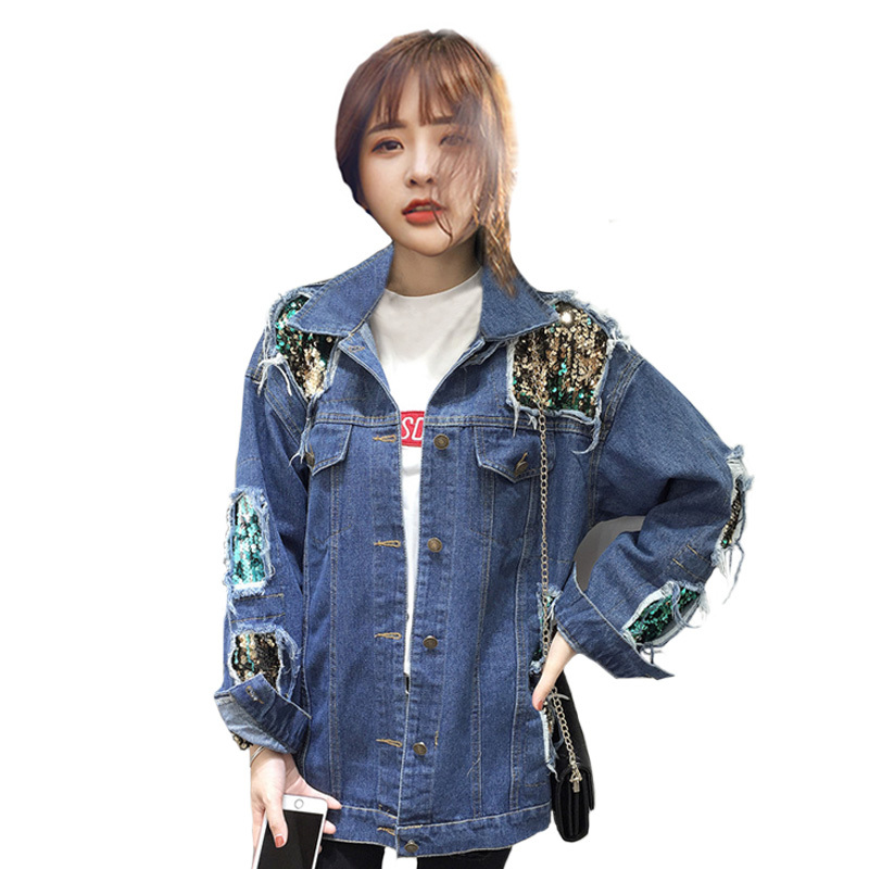 

clothing Autumn women's sequins denim harajuku jacket loosely style outwear worn female cowboy outerwear student coat 5NMW, Blue.