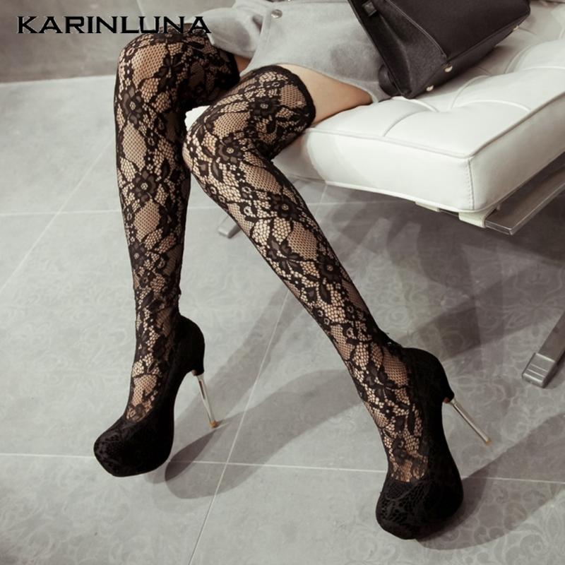 

New Fashionable Shoes Women Drop Shipping On Sale Sexy Party Ultra High Thin Heels Flock Sock over-the-knee Boots Big Size 42, Red