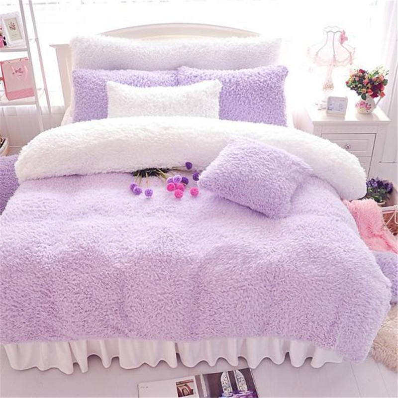 

AB side Cashmere bedding set thicken skirt pillowcase&duvet cover set long hair Fleece bed linen prinecess bed cover dust ruffle, White and purple