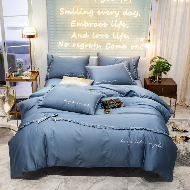 

Princess style 60S Egyptian cotton Bedding Set Solid color embroidery Bed set Duvet Cover Bed Sheet spread flat sheet1