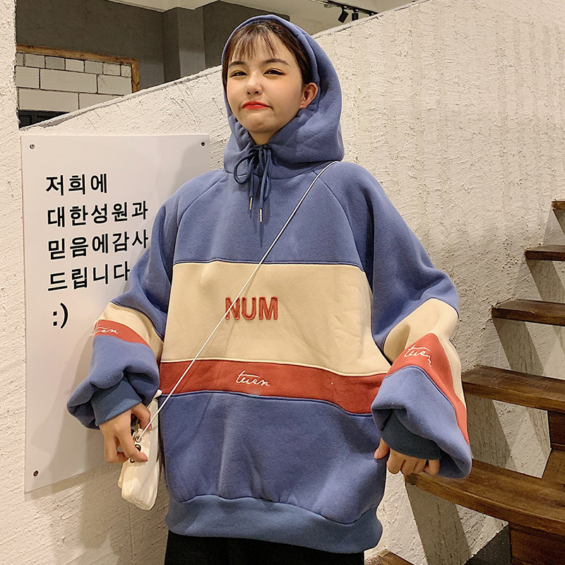 

2020 new style sweater women's autumn winter Plush hooded Korean loose color matching lazy oversize top WN1H, Ak2018 khaki