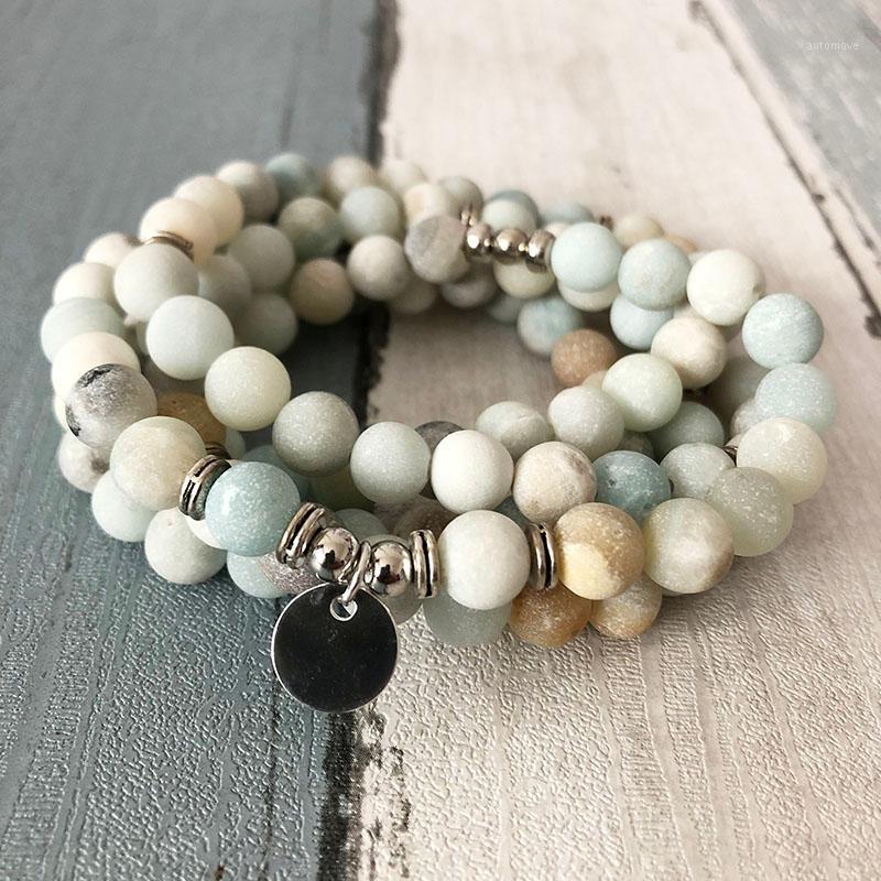 

Wrist Mala Beads with Matte Amazonite 8mm Plain Charm 108 Prayer Beads Bracelet and Necklace Healing Wraps Bracelet1