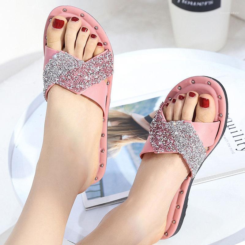 

Pink Sandals Womens Rhinestone Flat Sandals House Shoes For Girl Fashion Slides Women New Style Ladies Walking1, Black a