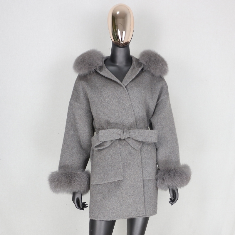 

FURBELIEVE Real Fur Coat Winter Jacket Women 100% Natural Fox Fur Collar Cuffs Cashmere Wool Blends Oversize Outerwear New 201104, Short light brown