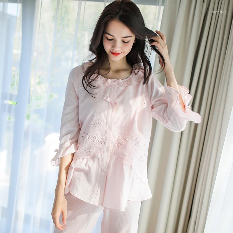 

Wholesale- Free Shipping 100% Cotton 2017 New Spring Princess Women' Pijamas Long Pants Set Sleepwear Home Cloth Pink and White Nightgown1