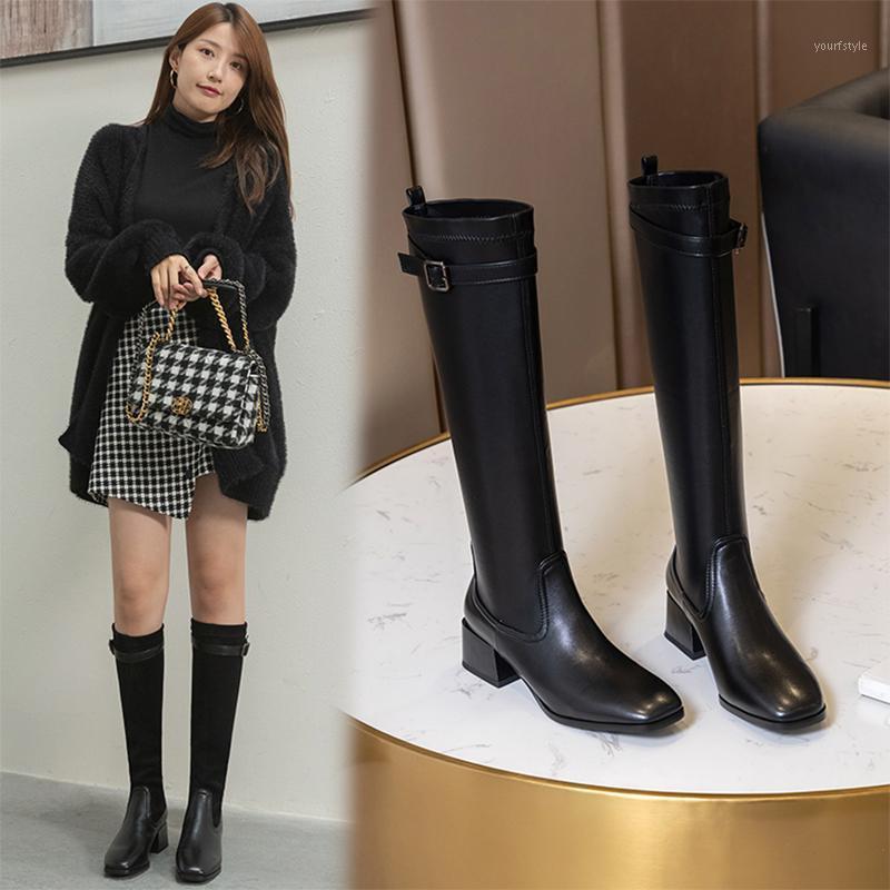

Fashion Slim Long Shoes Woman Black Round Toe Thick Heels Knee High Boots Lady Riding Botas 2021 Winter Newest Party Basic Boots1, 2 suede black