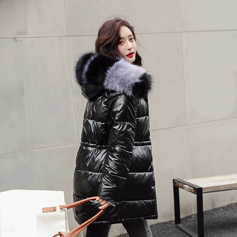 

2020 Average Female Bright Fashion Long Silver Down Big Colorful Leather Collar Hoodie Parka Jacket Warm Women's Winter Jackets H4mj, Black