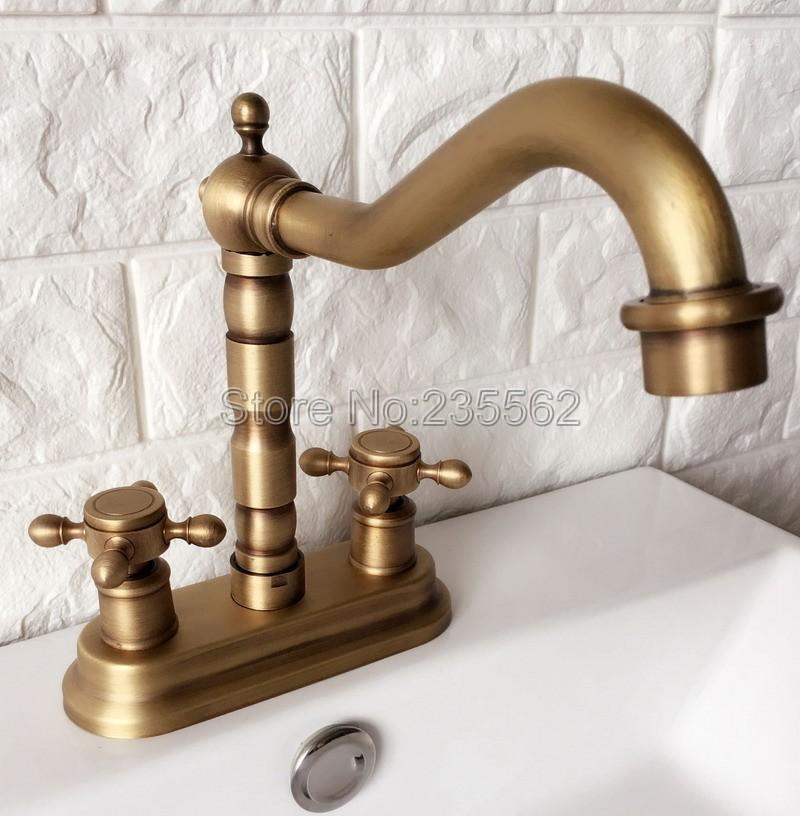 

Deck Mounted Kitchen Faucet Bathroom Sink Wash Basin Water Tap Antique Brass Double Handle Dual Hole Sink Basin Mixer Tap Lan0661