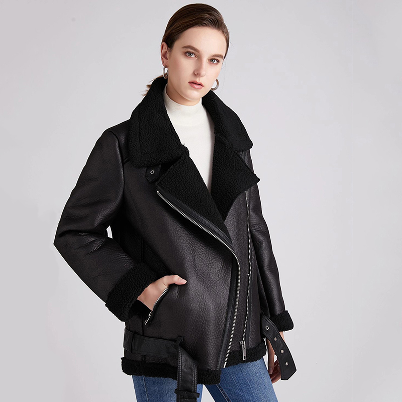

2021 New Women Winter Lambs Wool Fur Collar with Thick Hot Outerwear Lamb Leather Jacket Outwear NVEA, Pmyt-brown