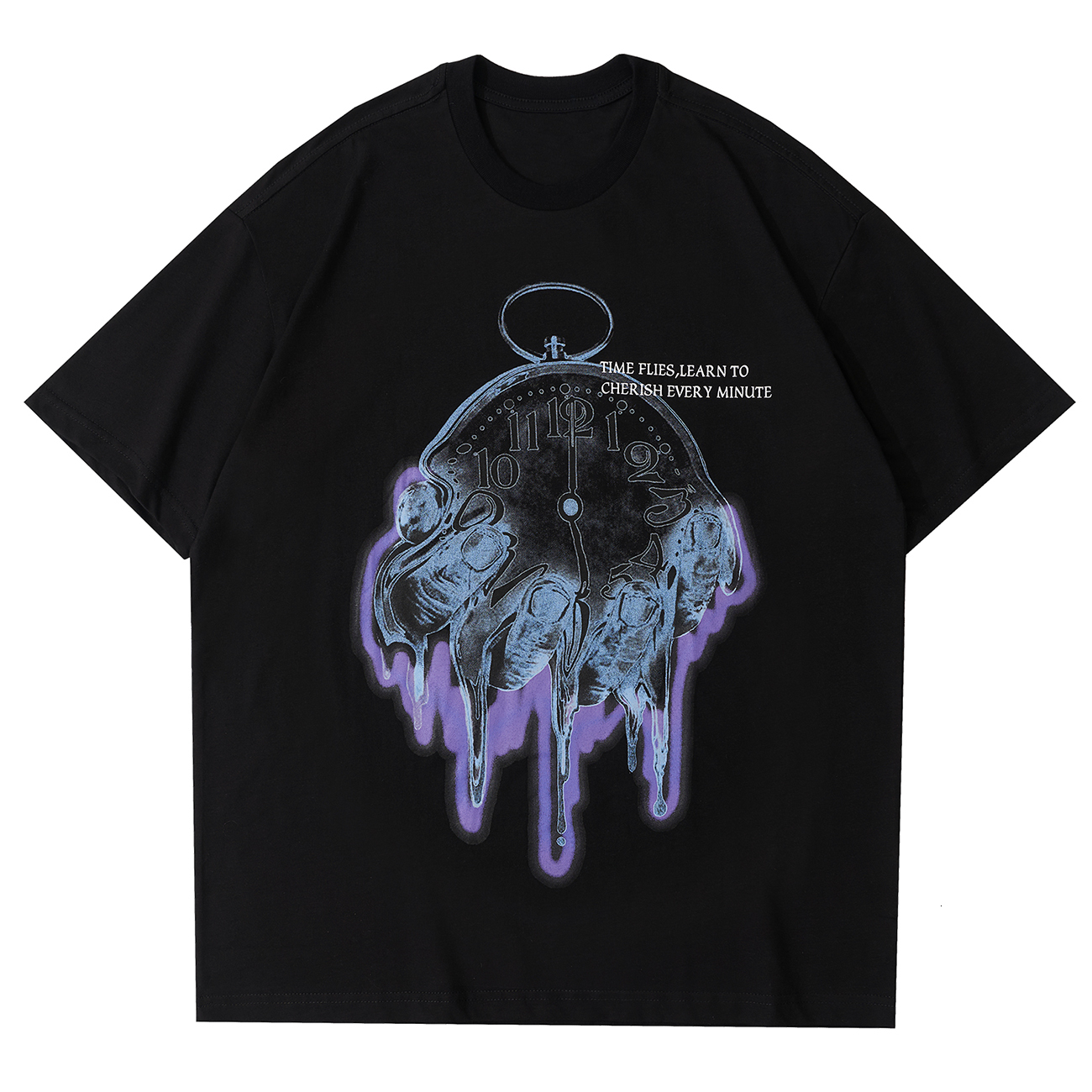 

New Streetwear Hand Clock Print Hip Hop T-shirt Men Women 2021 Summer Harajuku Tshirt Cotton Tops Tee Loose Short Sleeve Shirt Black Obh4, White