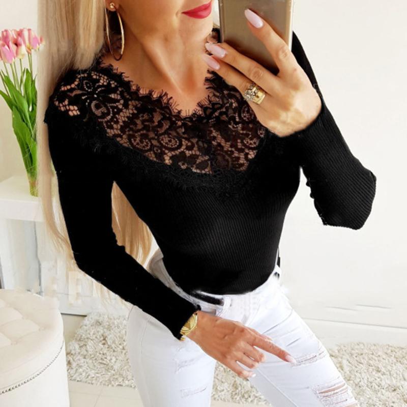 

Streetwear Womens Solid Color Sweatshirts Fashion Lace Solid Color Slim Casual Long Sleeve Loose Top Sexy Shirt #j4s, Black