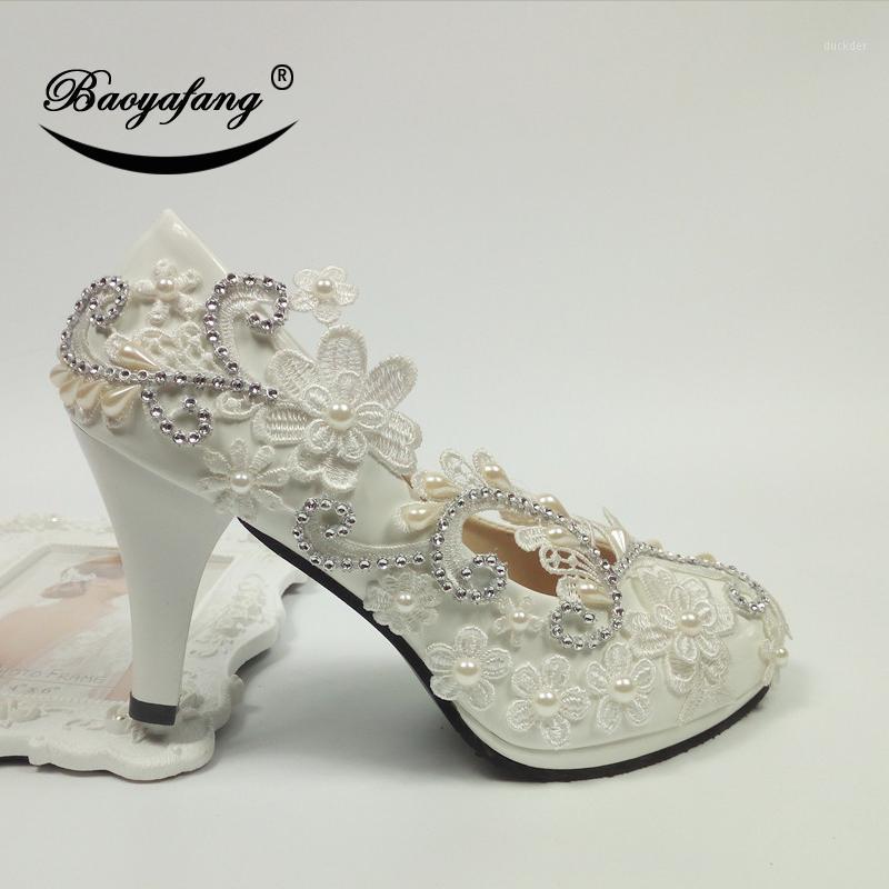 

BaoYaFang White Flower crystal wedding shoes Bride High Heel shoes Ladies Party Round Toe Autumn New design Single1, 5cm heel