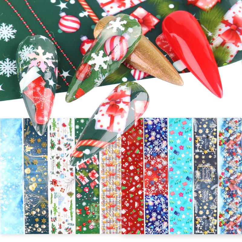 

10pcs Christmas Foils Transfer Stickers Decal Winter Snowflake Elk Starry Paper Sliders Colorful Tree Nails Accessories BESW7115, A21 10pcs- bag