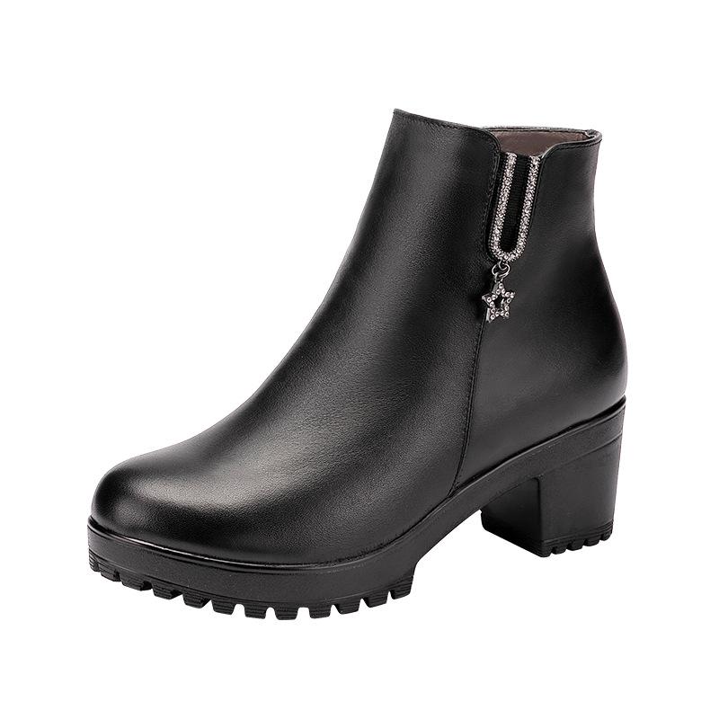 

Size (32-43) Fashion Crystal Short Boots Mid Block Heels Women Boots Zip Ladies Ankle Snow Platform Genuine Leather Shoes, Fur lining 6cm