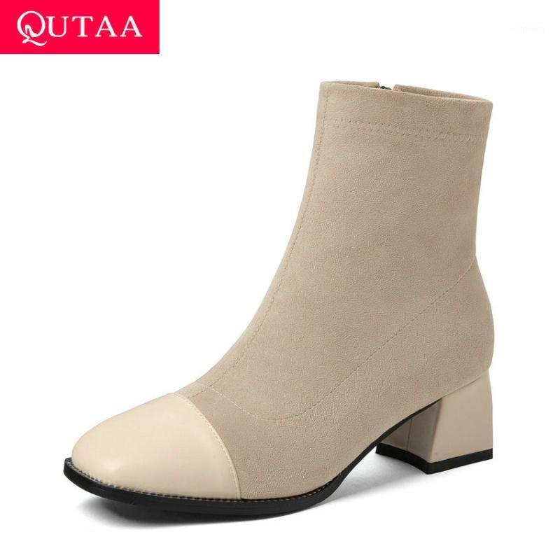 

QUTAA 2021 Patchwork Flock PU Ankle Boots Autumn Winter Square Toe Zipper Women Shoes Square Heel Fashion Short Boots Size 34-431, Beige