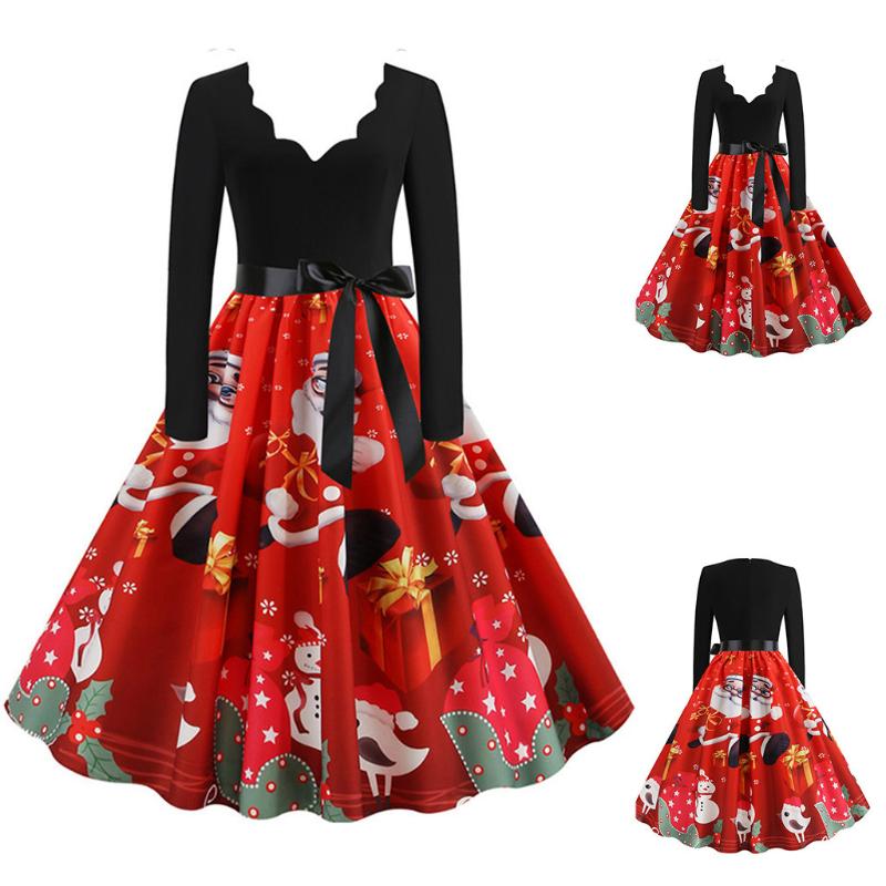 

Ladies Winter Knitted Long Sleeve Christmas Note Print Retro Waist Bow Slim Irregular Collar Flare Dress and Ankle Length, Beige