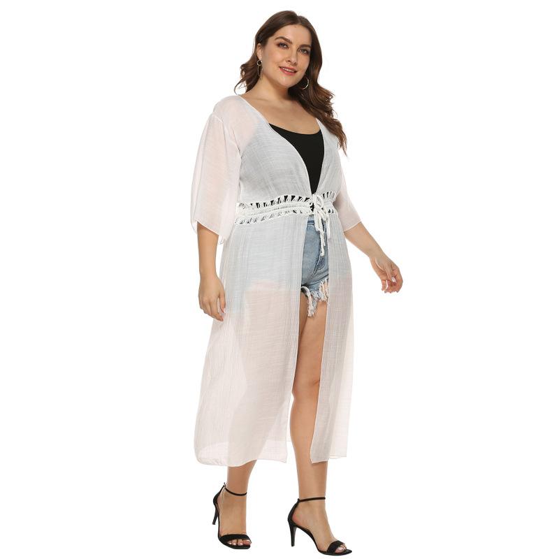 

Swimsuits Beach Dresses Dress Summer Cover Ups Cape On Swimsuit Kaftan Large Size Ladies Belt 7 Minutes Long Sleeve, White