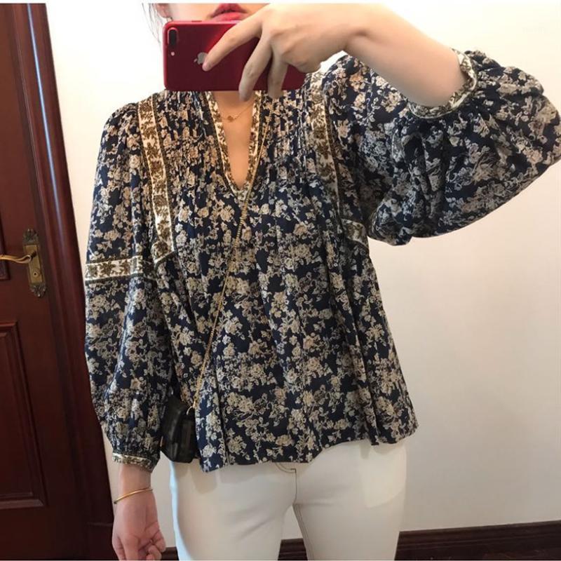 

2020 Spring Summer Women Print Blouse V-neck Vintage Long Sleeve Female Loose Shirt1, A top 1