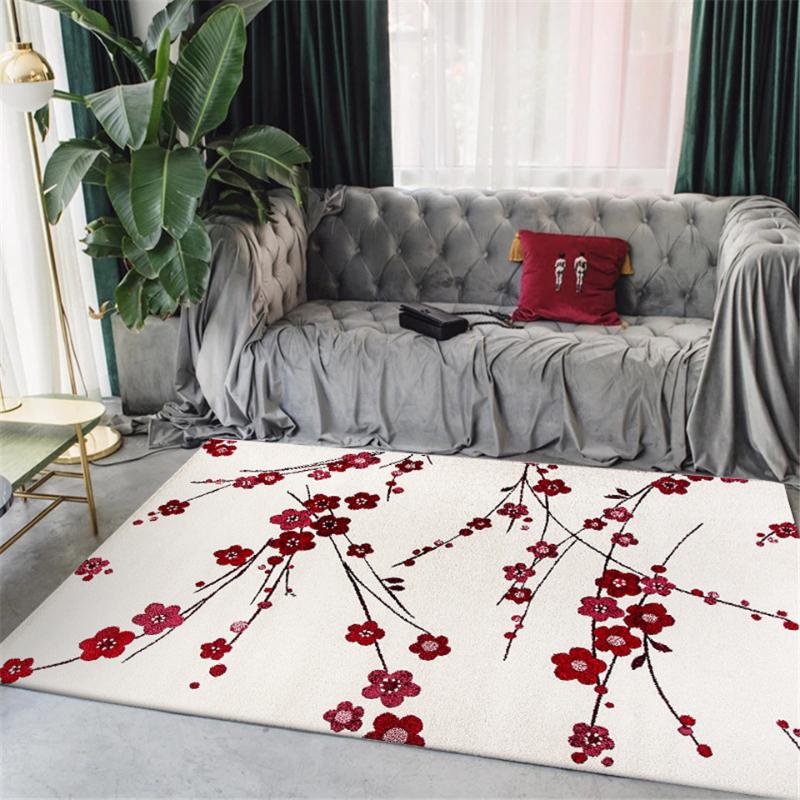

Modern Traditional Chinese Style White Carpet With Red Plum Blossom Flower Pattern Bed Room Carpet Floral Rug For Hall Entrance, As picture