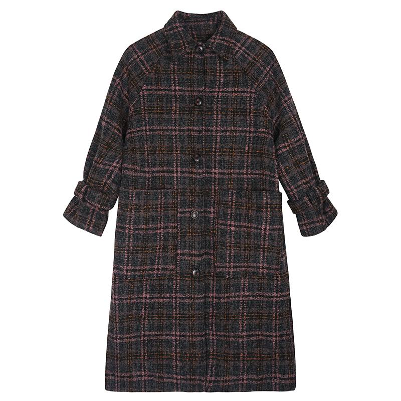 

2020 Autumn Winter Vintage Plaid Loose Long Wool Coat Women Overcoat Korean Plus Size Elegant Female Tweed Trench Outerwear, Green