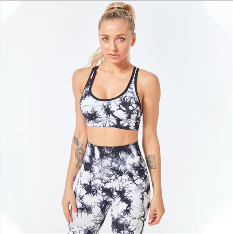 

2020 Yoga New tie-dye seamless yoga bra sports vest beauty back breathable shockproof quick-drying gather sports braDS731, Black bra