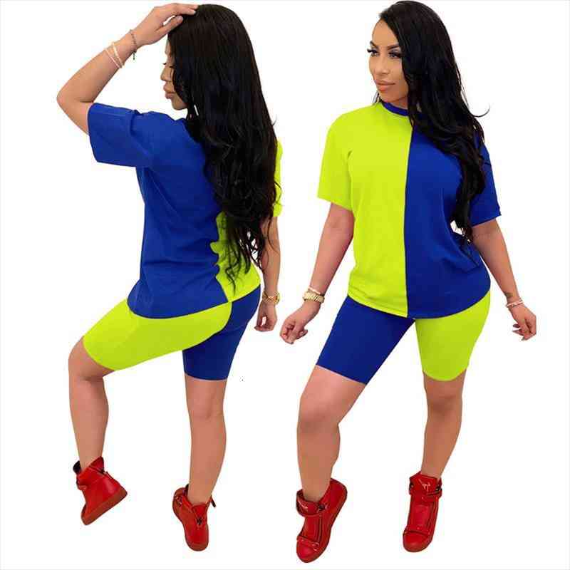 

women fashion 2-piece outfit set pullover short sleeve color block t-shirt and shorts set sports workout patchwork color, White